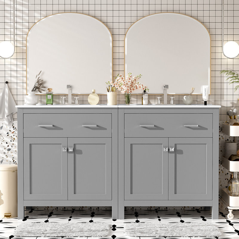 Ensemble de meuble-lavabo moderne avec lavabos doubles, lavabos doubles, tablette réglable, portes à fermeture en douceur et tiroir rabattable
