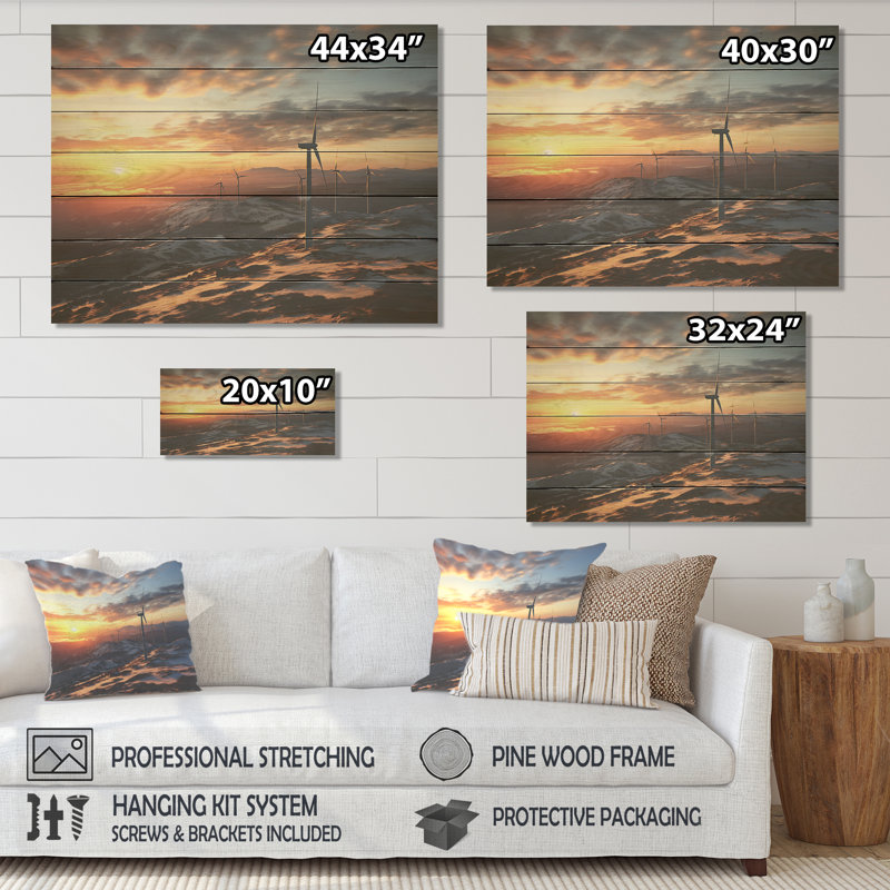 Sunset Wind Turbines Mountain View I - Wind Turbines On Wood Print, 34" H x 44" W x 0.78" D