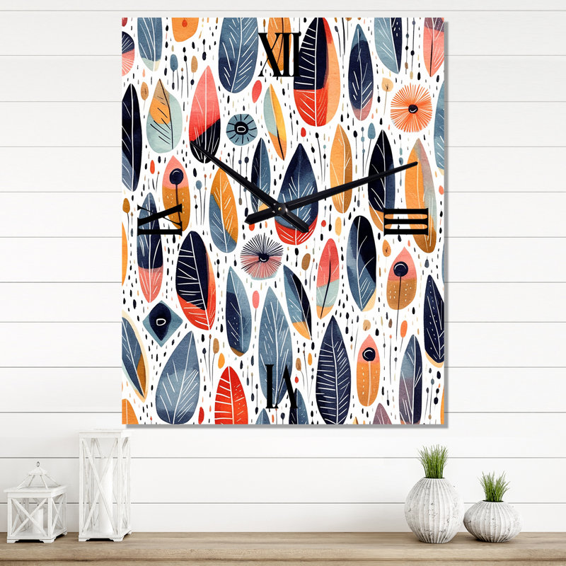 Horloge murale moderne abstraite bleue et jaune à motif floral scandinave, Grand