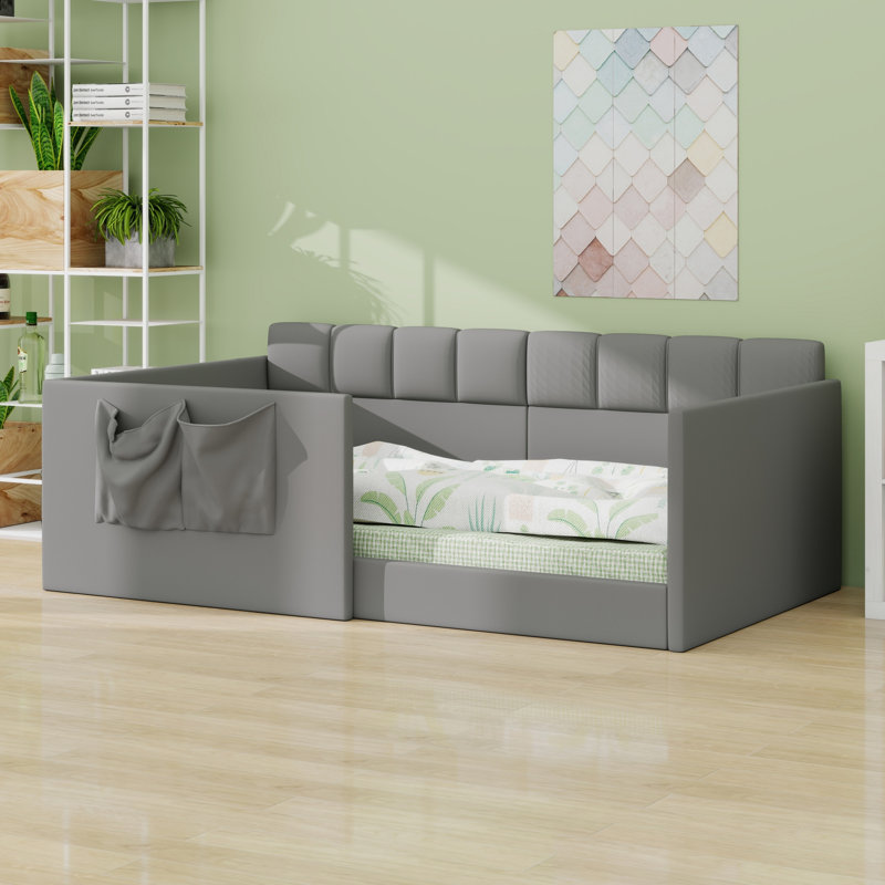 Daybed with Velvet Upholstery, High Side Panels, Side Access and Storage Pockets, Gray, Twin