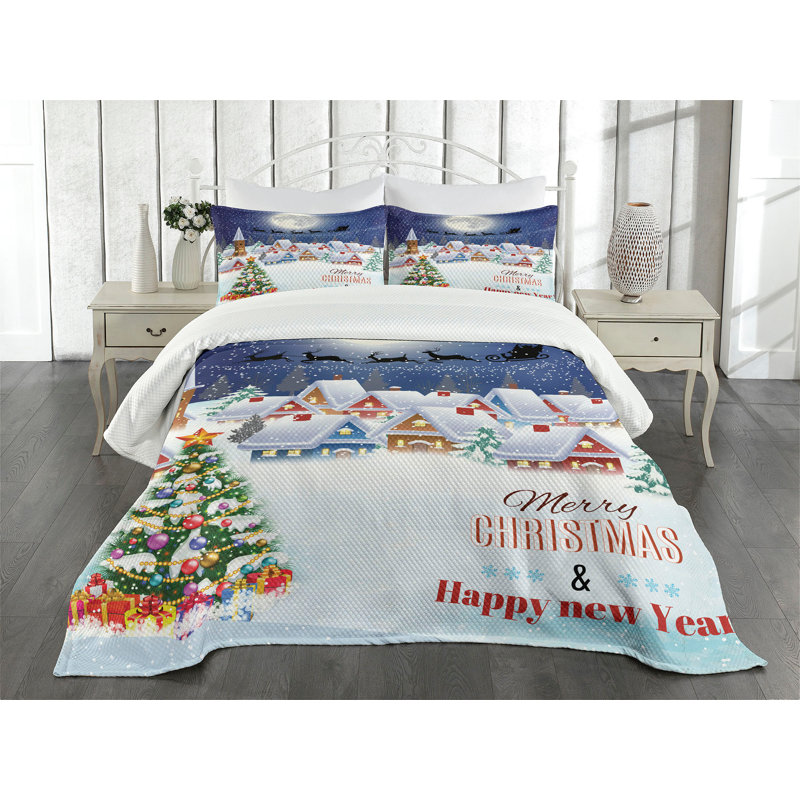 King Size White Quilted Christmas Bedspread Set