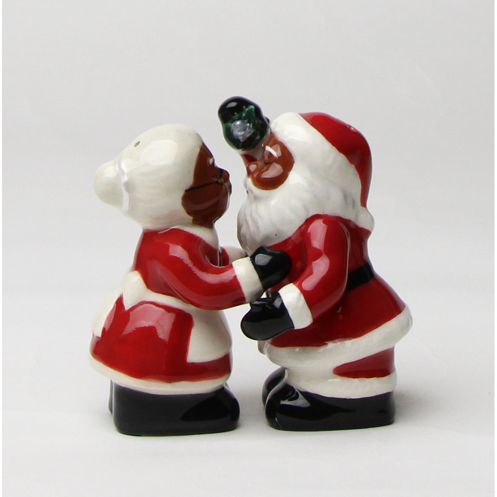 Cosmos Gifts African American Kissing Santa Couple Salt and Pepper Shaker Set