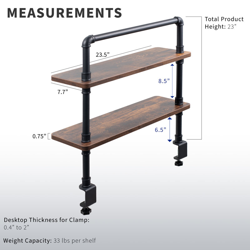 Tablettes décoratives industrielles à 2 niveaux Vivo Clamp-On, H 26,5 po x l 23,5 po x P 7,7 po, Brun / Noir