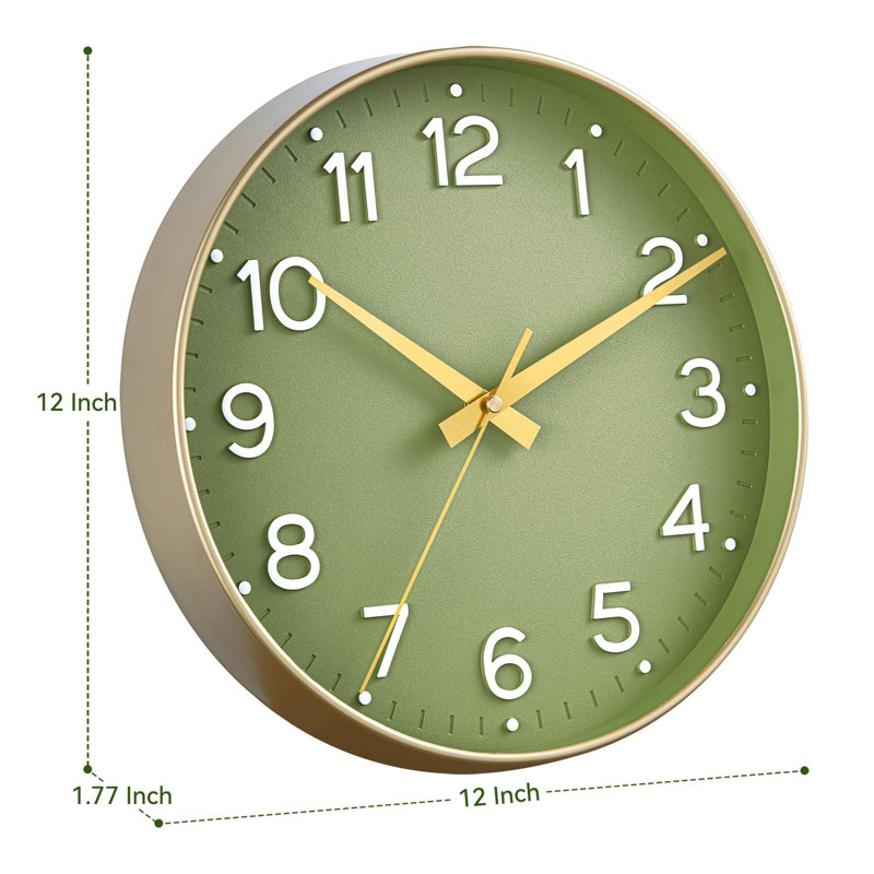 Horloge murale 14 po Horloge murale silencieuse verte à piles - Horloge analogique moderne sans tic-tac décorative pour le salon, la chambre, le bureau, la cuisine
