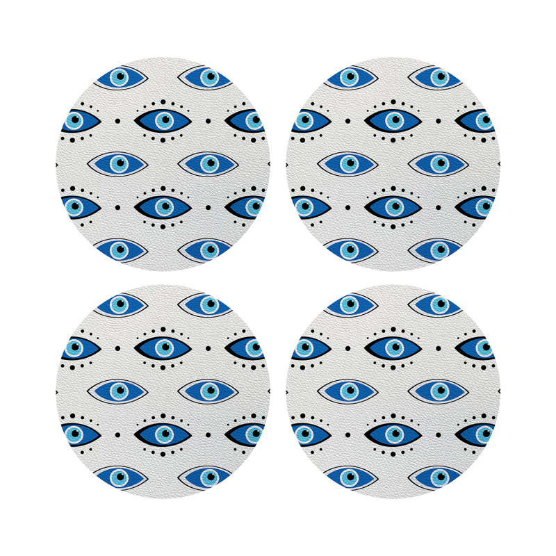 Eyes Blue White Vegan Leather Round Coasters