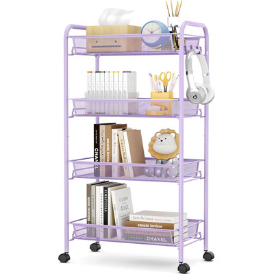 4-Tier Rolling Utility Cart With Hooks - Heavy Duty Metal Storage Trolley With Wheels For Kitchen, Bathroom, Laundry Room - Easy Assembly Mobile Organizer With Breathable Mesh Baskets