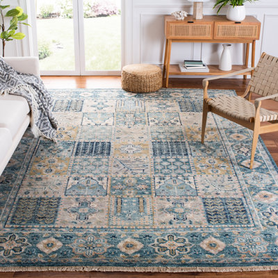 Hand Knotted Wool/Cotton Southwestern Rug in Blue/Beige