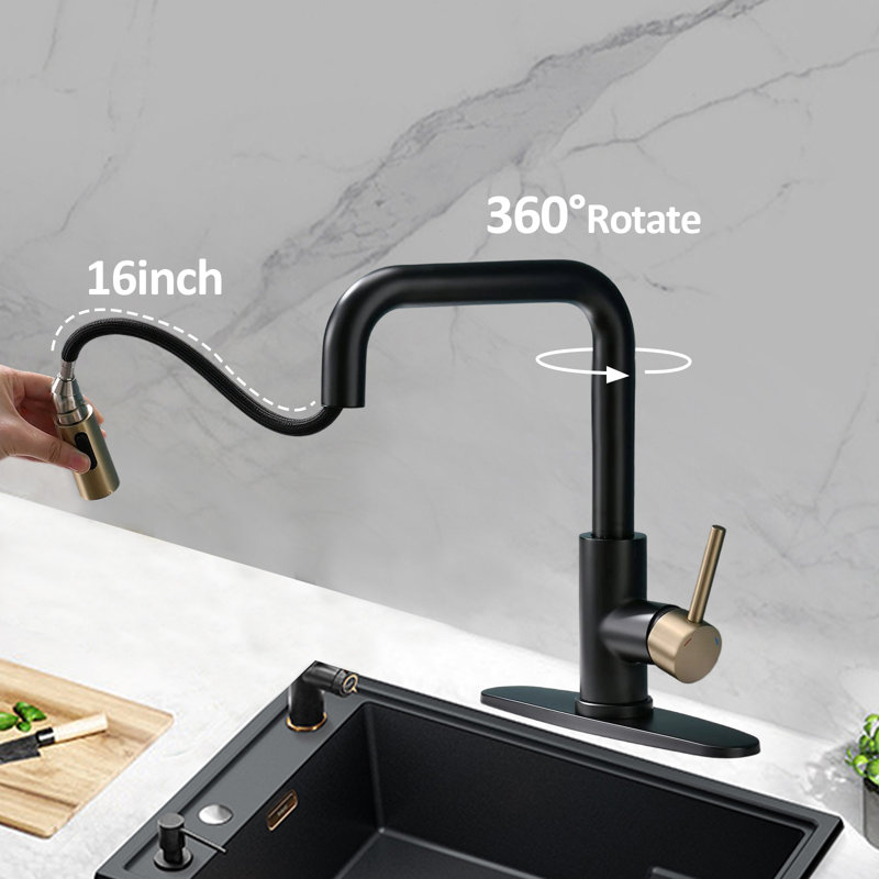 Kitchen Faucet With Pull-Out Sprinkler Head Single Handle Stainless Steel Kitchen Sink Faucet, Black/Brushed Gold