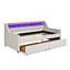 Canapé-lit simple rembourré avec trois lumières DEL, tête de lit réglable avec rangement, deux tiroirs de rangement et chargement sans fil, cadre de canapé-lit rembourré en lin, beige
