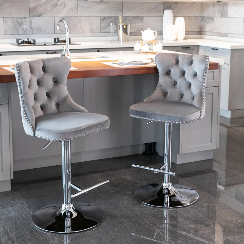 Rondel Swivel Upholstered Adjustable Height Counter Stool with Solid Wood Frame, Grey