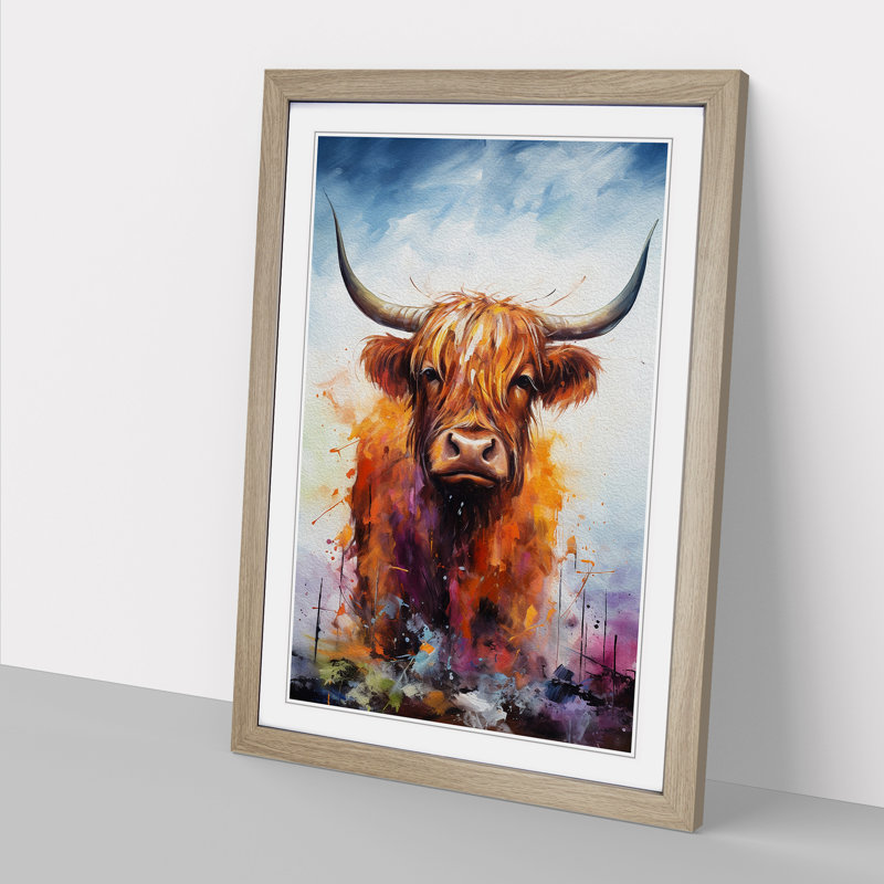 Highland Cow Action Painting - Framed Print, Oak, 46cm H x 34cm W x 2cm D