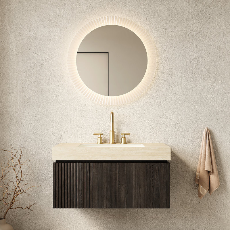 Meuble-lavabo suspendu de 91 cm (36 po) avec lavabo, armoire de rangement en contreplaqué, comptoir en pierre frittée, lavabo en céramique, 3 trous pour robinetterie, préassemblé, finition, multicouche avec dessus, percé, résistant au feu
