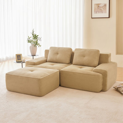 Modern L-Shaped Modular Sectional Sofa For Living Room, Corduroy Fabric, 2-Seater Couch With Deep Seat And Movable Ottoman, Pearl-Like Piping, Tufted Design, No Assembly, Anti-Slip Design