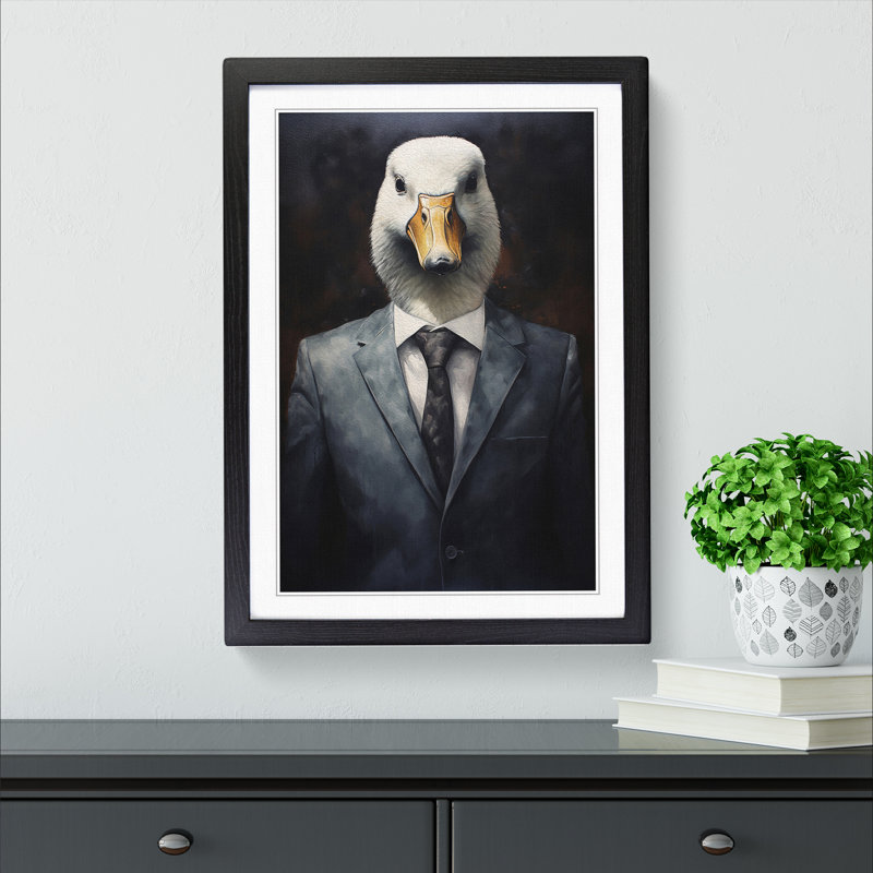 Goose In A Suit Painting No.2 - Single Picture Frame Print on Wood, Black Framed, 64cm H x 46cm W