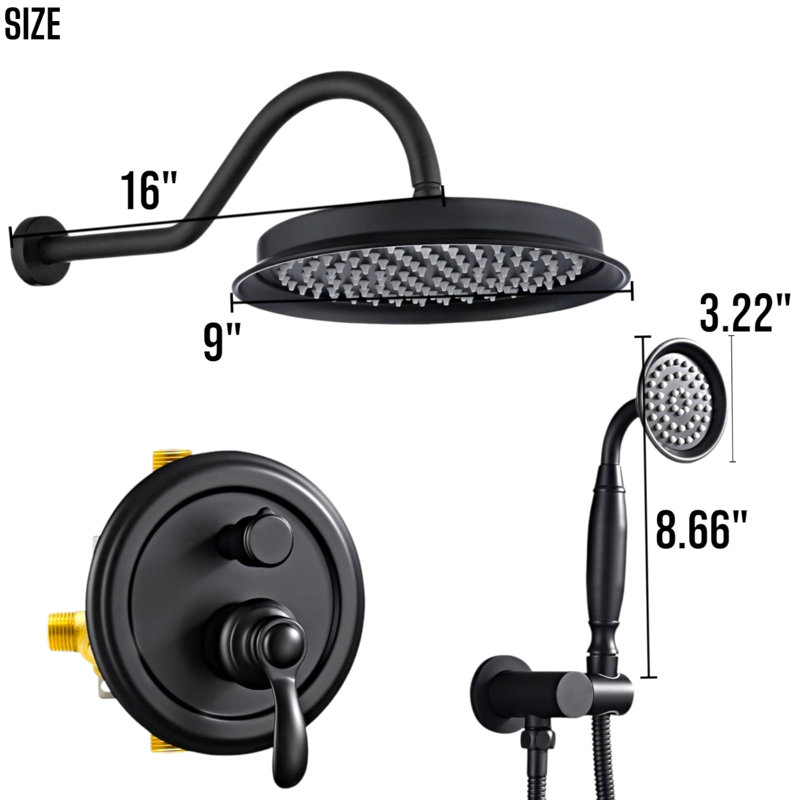 Système de douche complet rétro avec valve brute et pomme de douche à pluie 9 pouces, Noir mat