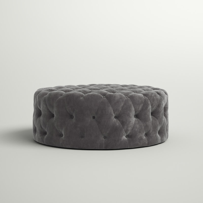 Willa 42" W Tufted Round Cocktail Ottoman, Dark Gray Velvet, Velvet