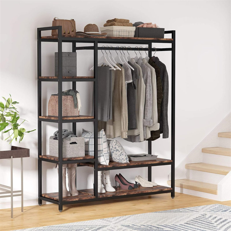 47.24" Rustic Brown Free-Standing Closet Organizer With 6 Storage Shelves And Hanging Bar