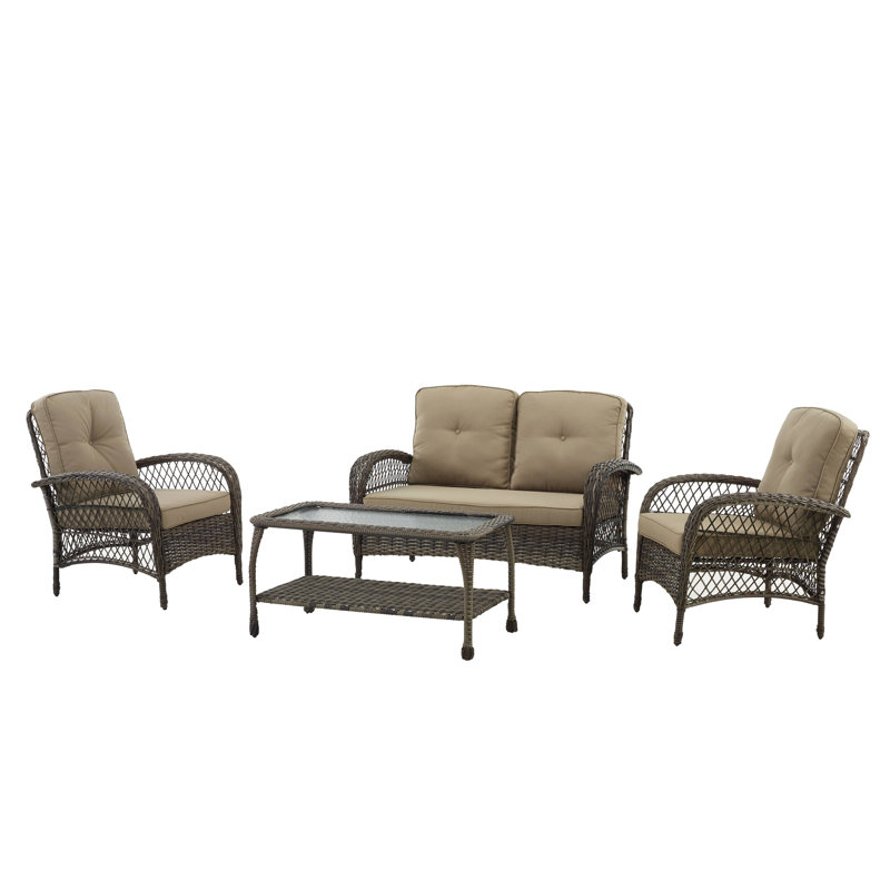 Modesto 4-Person Wicker / Rattan Outdoor Sofa Seating Group with Glass-Top Shelf-Storage Table & Cushions, Brown