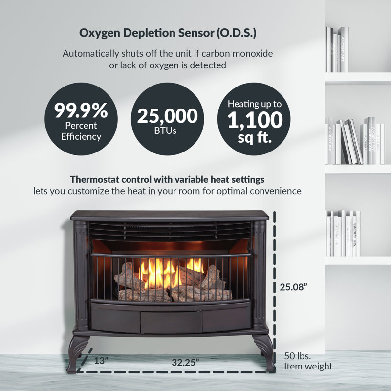 ProCom Ventless Dual Fuel Fireplace, Thermostat Control