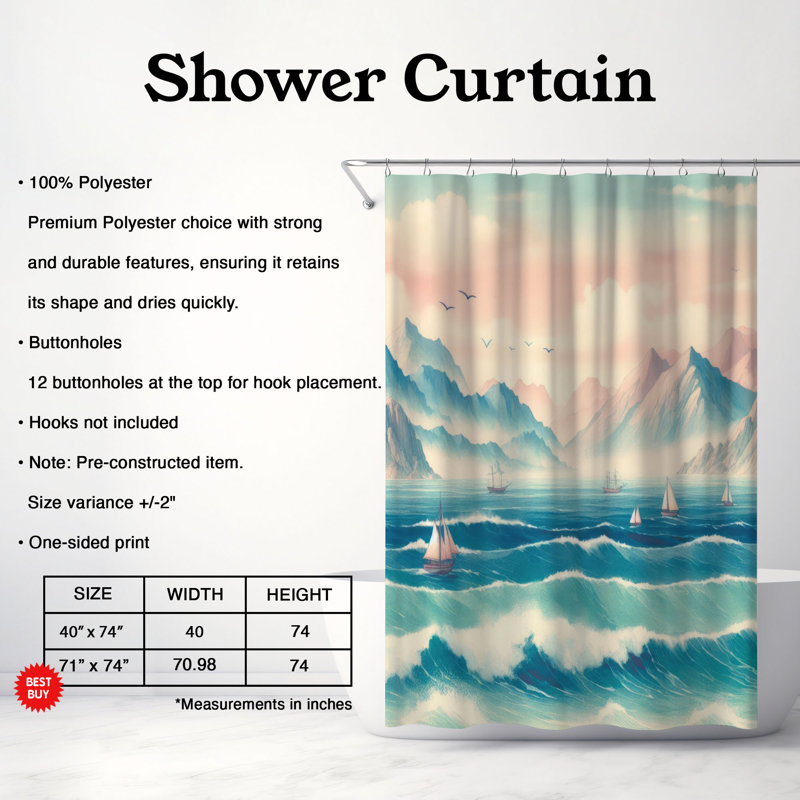 Rideau de douche standard 1 pièce Coastal Wave Scene, H 74 po x l 40 po
