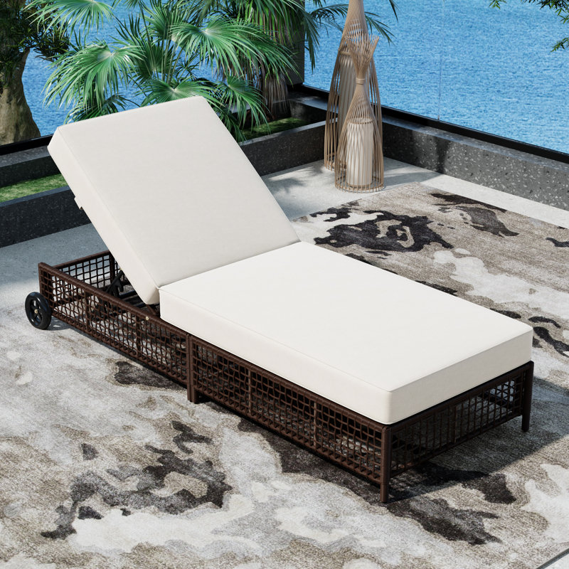 Outdoor Lounge Chair, 5 And Cushion With Wheels, For Pool, Backyard, Garden Decoration  Brown/Beige Adjustable Patio Chaise Transportable Wheels Backyard