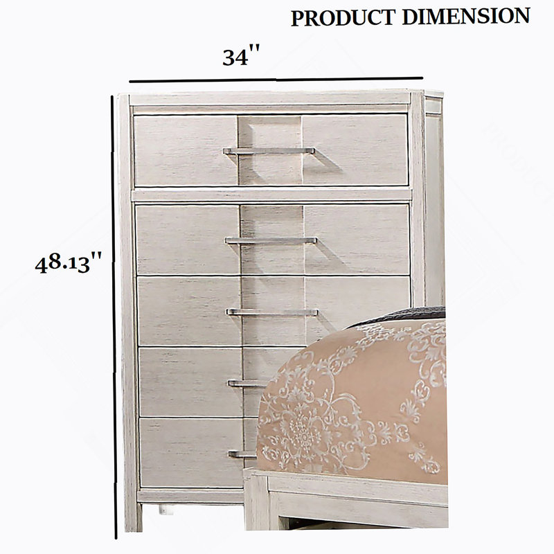 Commode 1 pièce style transitionnel à queue d'aronde anglaise à cinq tiroirs avec poignées courbées et finition blanche