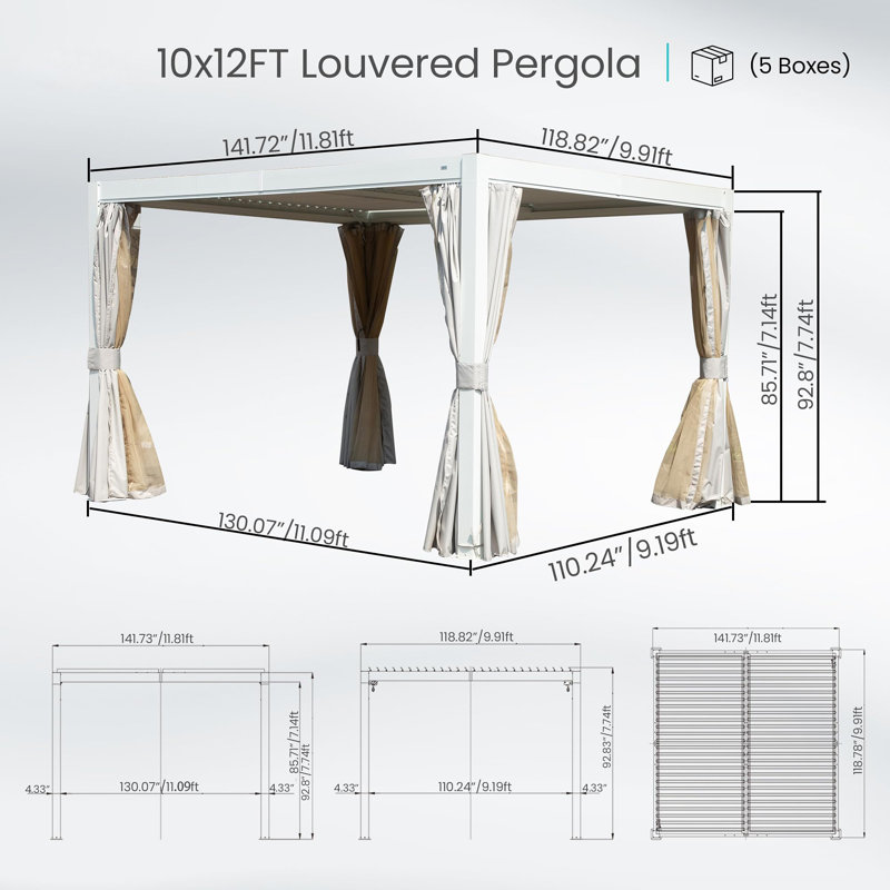 10X12 FT Outdoor Louvered Pergola With Adjustable Louvers-White, White, 10' x 12'