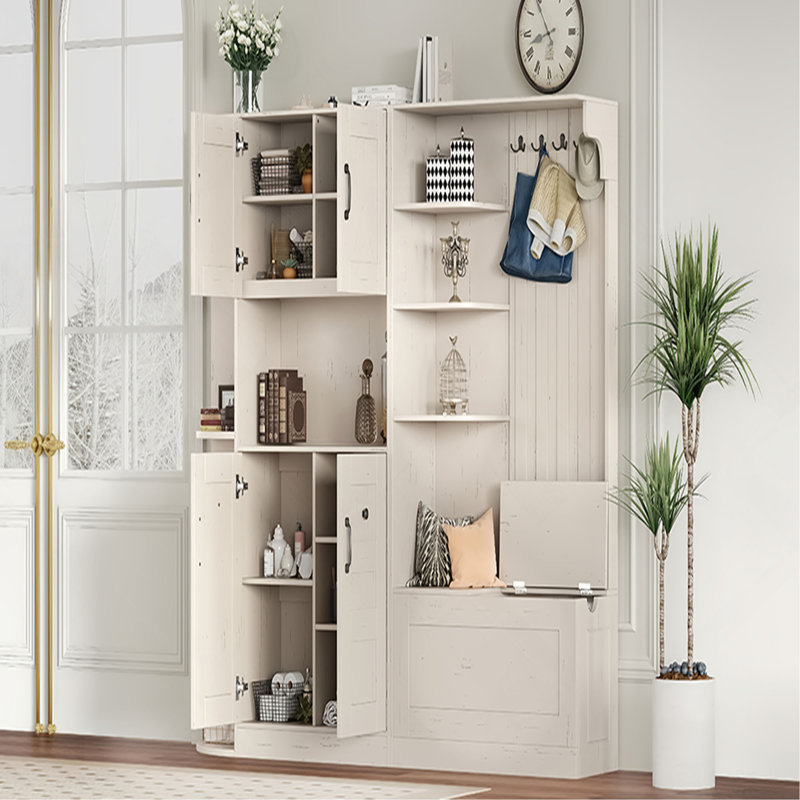 Multifunctional Left-Right Combination Hall Cabinet (Can Be Used Separately) With Storage And 4 Hooks, Storage Cabinet/ Hall Tree 2 In 1 For Living Room, Kitchen And Hallway