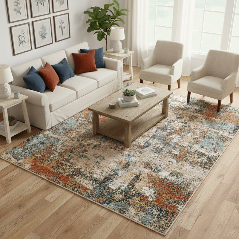 Santa Paula Mid-Century Modern Abstract Burnt Sienna/Ivory Indoor Area Rug, Rectangle 8'9" x 11'9"