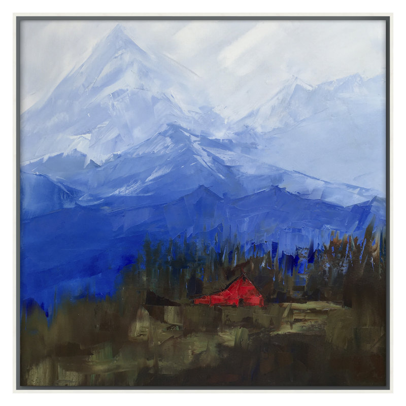 Mountains With Red Barn Print by Sandra Pratt, 30" H x 30" W, White
