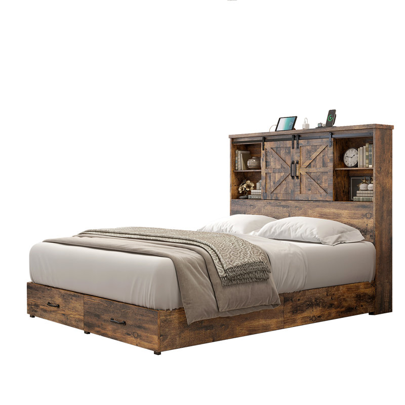 Rustic Brown Queen Wood Platform Bed with Bookcase Headboard and Storage