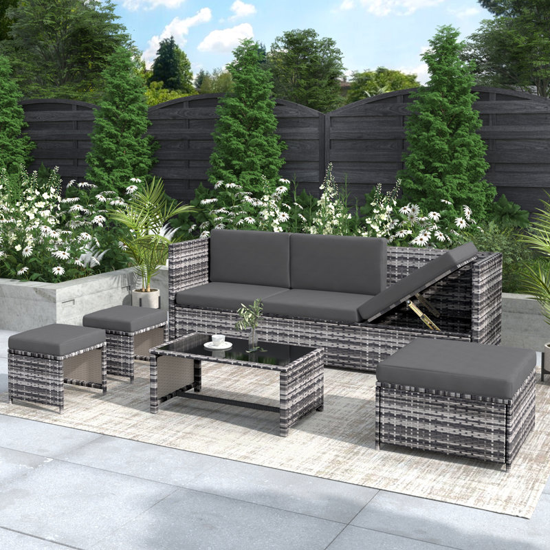 Rattan Look Patio Lounge Set - Uv-Coated Poly Rattan, Powder-Coated Steel, Washable Cushions, Grey