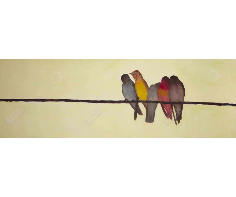 Cinq oiseaux sur une branche - Art sur toile pour décoration intérieure