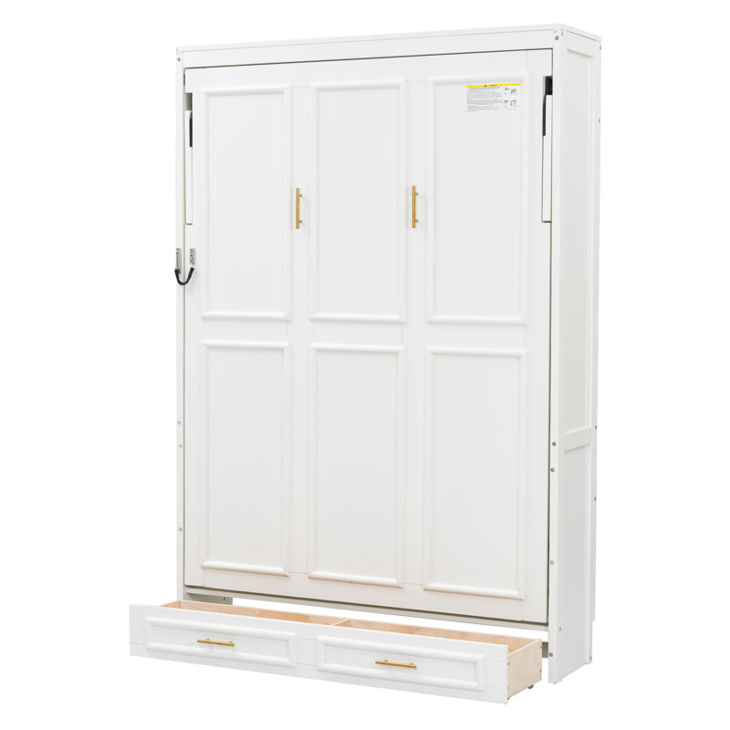 Lit escamotable double avec 2 tiroirs de rangement, lit escamotable mural compact pour petite chambre à coucher, beige