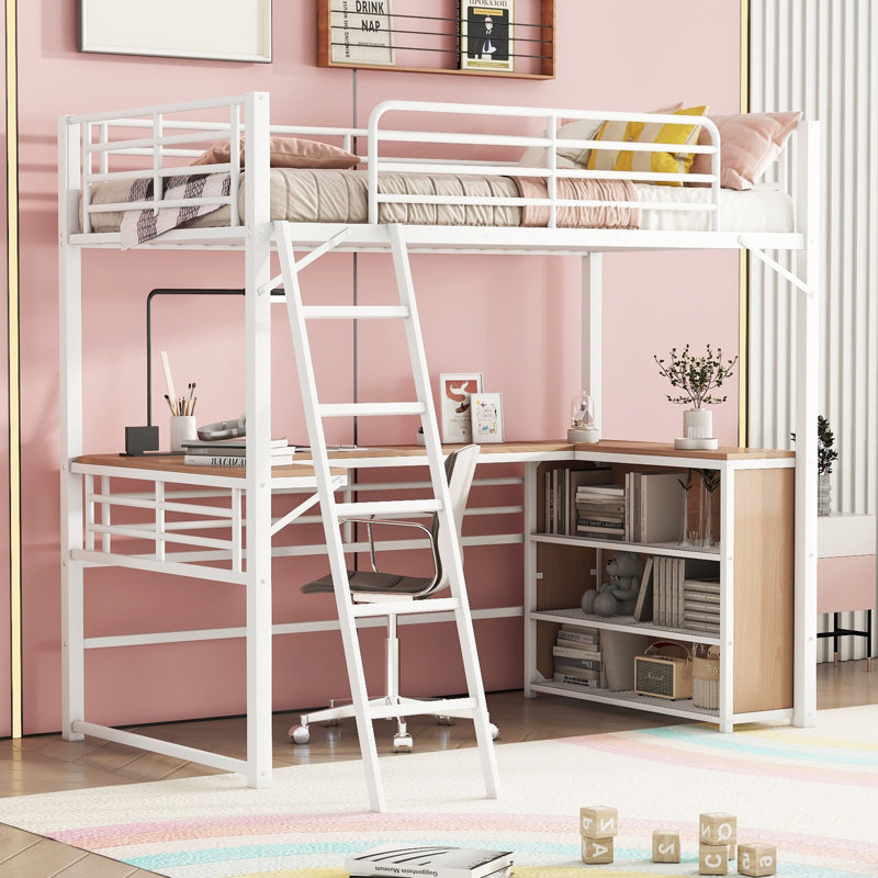 Metal Loft Bed with L-Shaped Desk and 3-Tier Shelves, Space-Saving Loft Bed for Teens & Students, Twin, Black