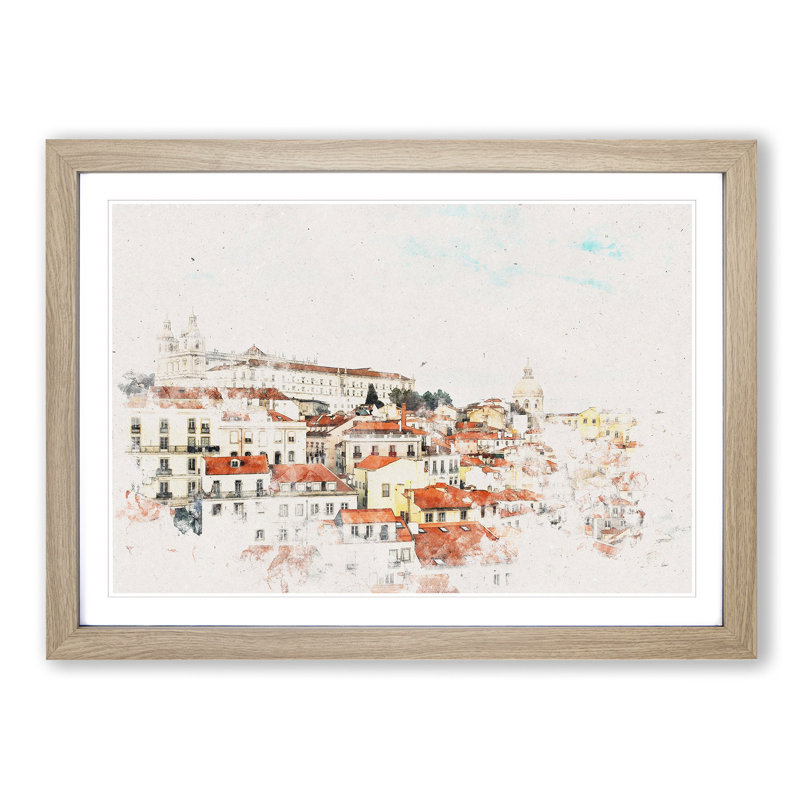 Alfalma Lisbon Portugal Skyline Watercolour - Single Picture Frame Print on MDF, Oak Framed, 62cm H x 87cm W x 2cm D