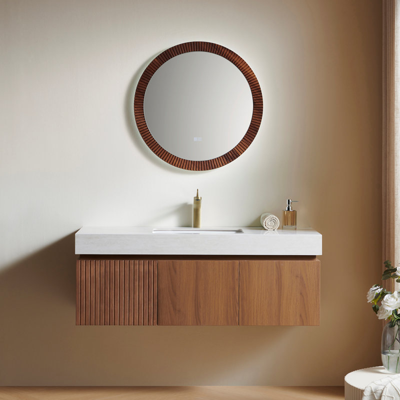 Plywood and Solid Wood Single Bathroom Vanity, 48", Brown Oak, Roma Travertine
