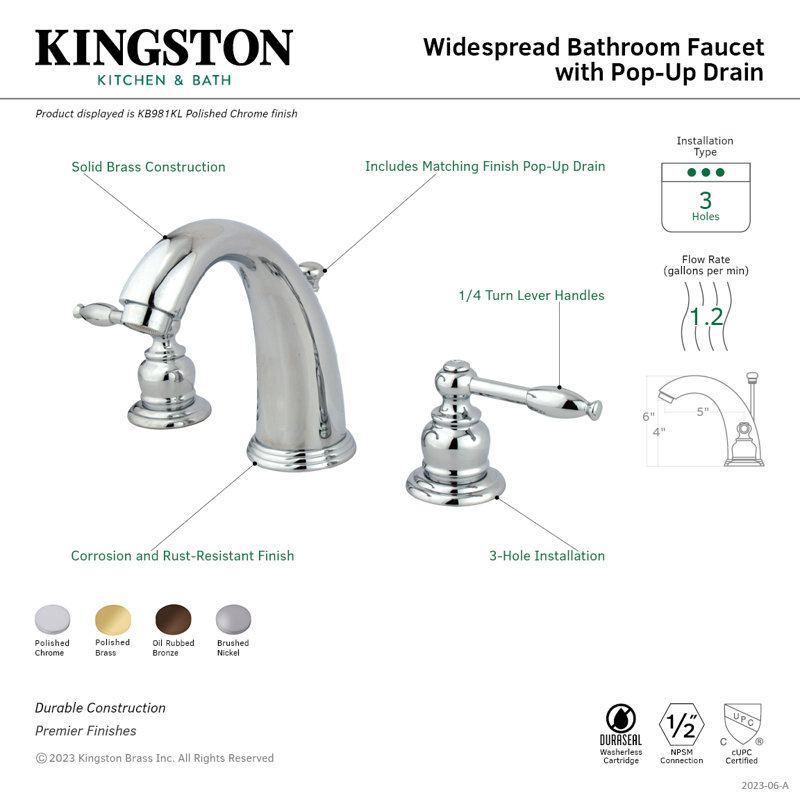 Robinet de salle de bain espacé avec ensemble de drain Knight, Laiton poli