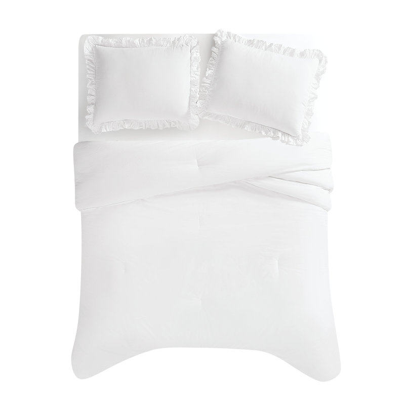 The Farmhouse by Rachel Ashwel Ruffled Washed Cotton White Comforter Set, King Comforter + 2 King Shams