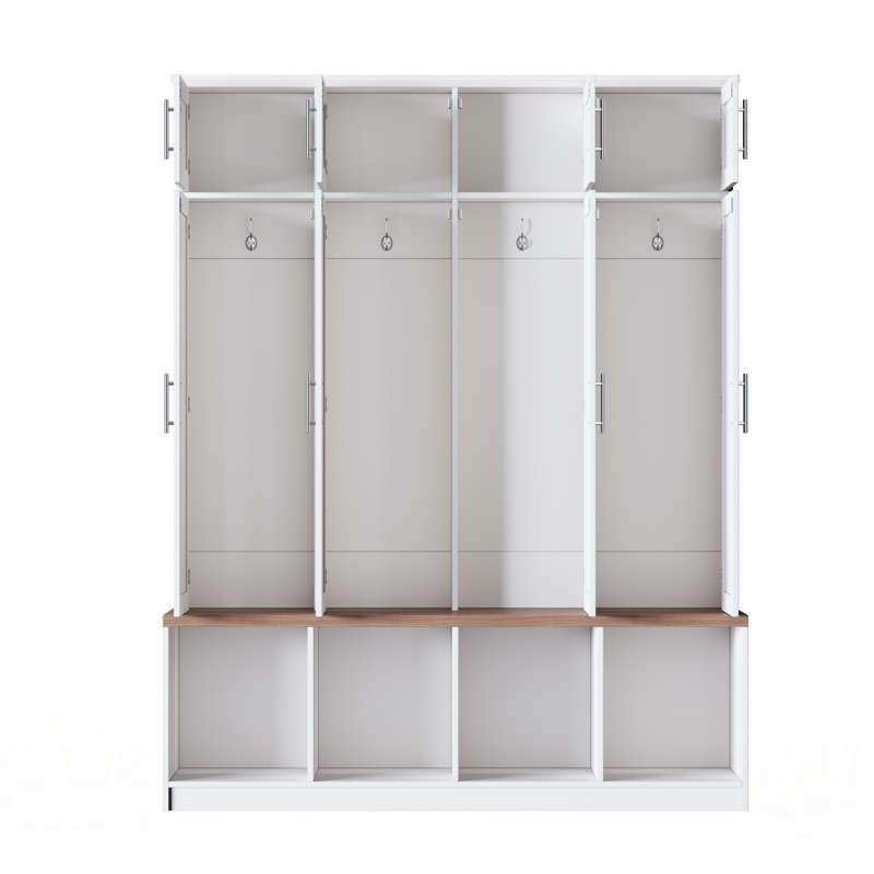 Farmhouse Hall Tree With 4 Hidden Hooks, 8-Door Shoe Cabinet, And Open Compartment For Entryway Organization And Seating