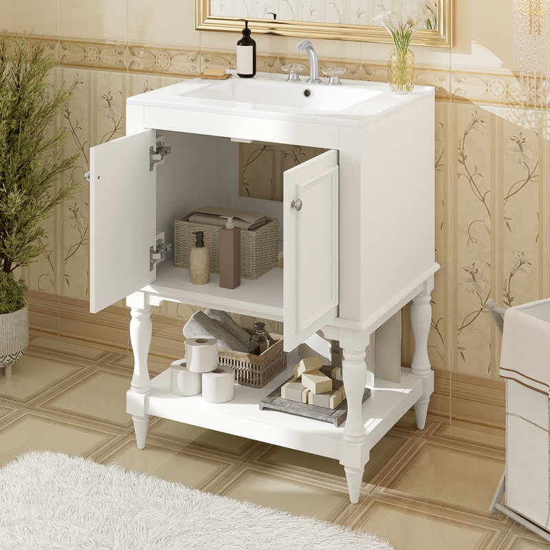 Meuble-lavabo avec lavabo, 2 portes et tablette ouverte, Blanc / argenté