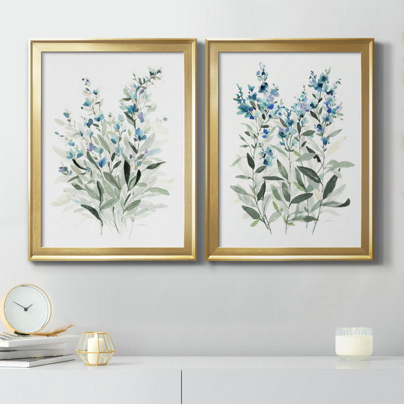 «Delicate Blue Botanical I», ensemble de 2 reproductions d'art sur toile encadrées, H 18,5 po x l 49 po x P 1,5 po, Or