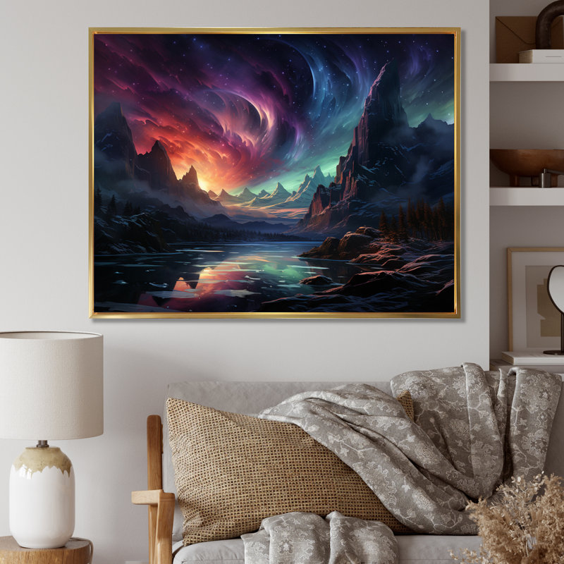 Northern Lights Luminescent Symphony I - Landscapes Canvas Wall Art, Cadre flottant doré, 16" H x 32" W