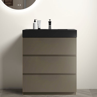 Meuble-lavabo moderne 30 po - finition grise, rangement silencieux maximum, poignée noire