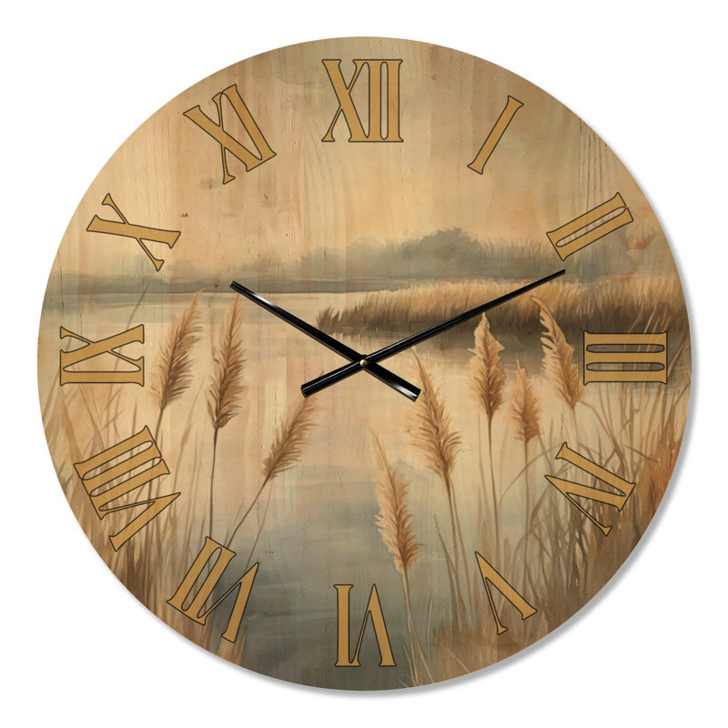 Horloge murale bohème en bois massif Golden Marsh Reeds I, Medium