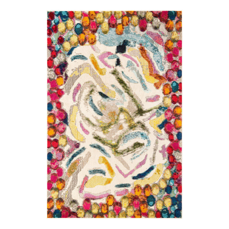 Tapis abstrait octogonal beige / rose / jaune, Rectangle 9 pi 1 po x 14 pi