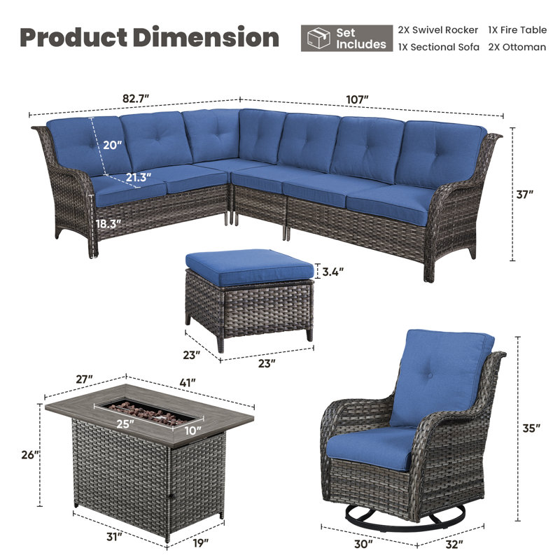 Dahlyla 8- Person Outdoor PE Wicker Sectional Seating Group with Fire Pit, Ottomans and Cushions, Gray, Blue