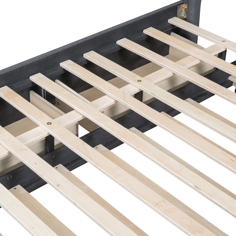 Lit plateforme en lin gris avec lit gigogne et tiroirs de rangement, Gris, Lit double