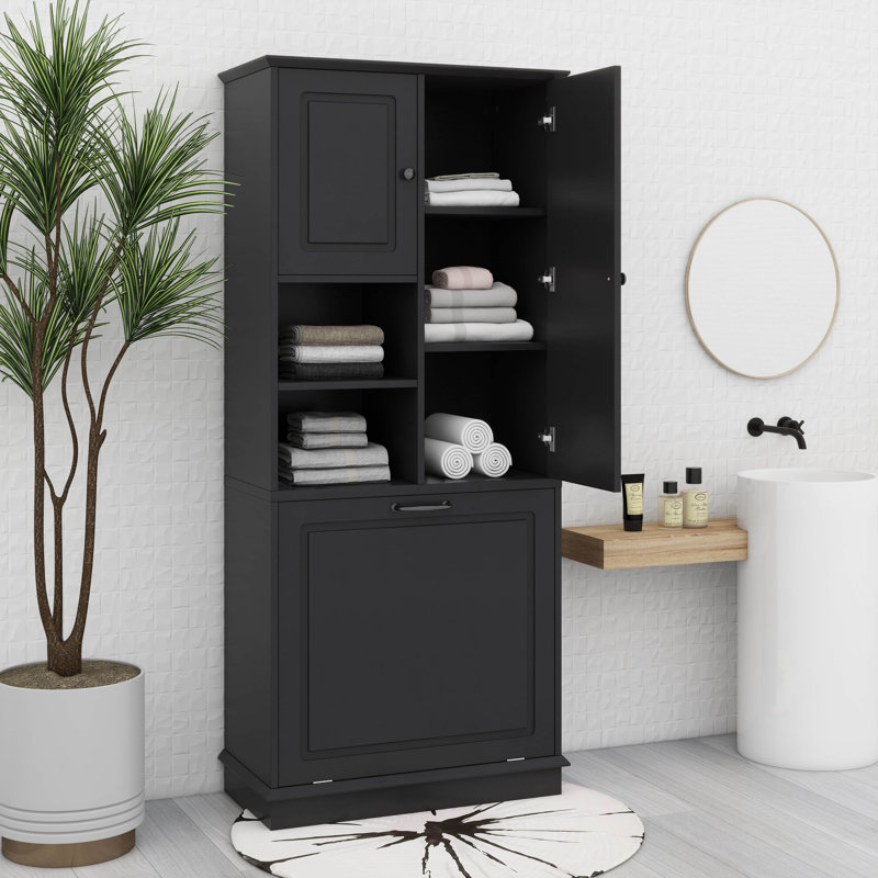 Storage Cabinet With Adjustable Shelves And Flip-Out Basket, Black