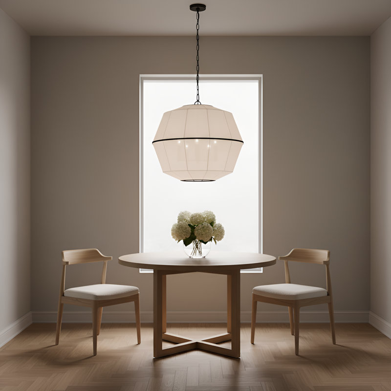 Ellen Degeneres Hikari 5 Light Dining Room Pendant With White Linen Shade, Aged Iron, 91.125" H x 28" W x 28" D
